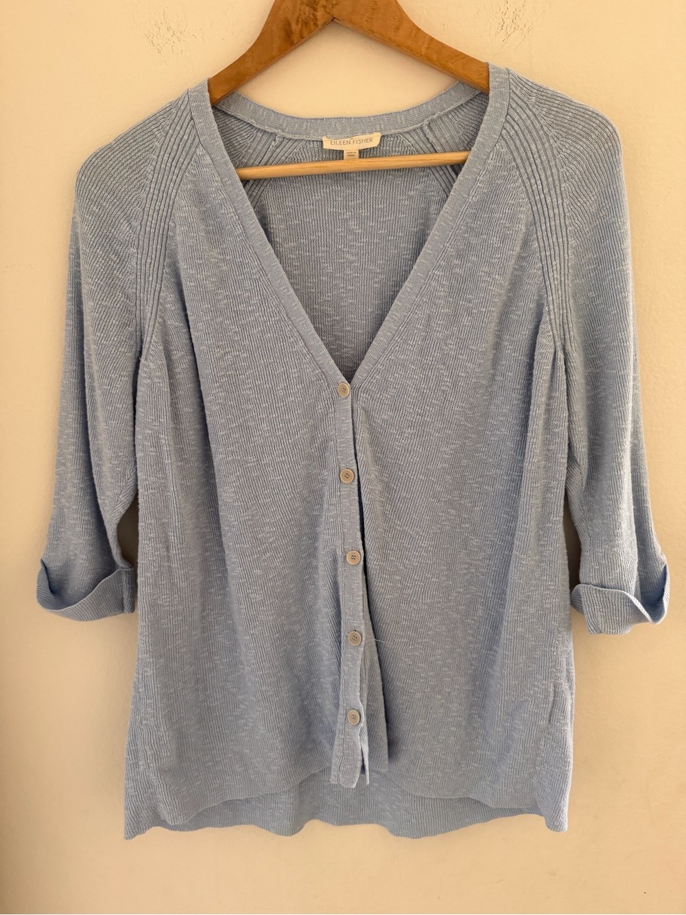 Eileen Fisher Linen Cotton Blend Knit Cardigan Light Blue 3/4 Cuffed Sleeve M